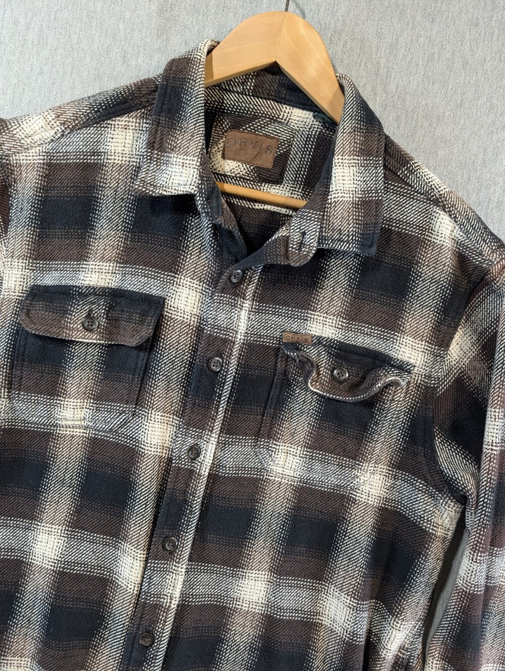 Orvis Heavy Plaid Button Shacket Shirt Men's Large Brown White 100% Cotton